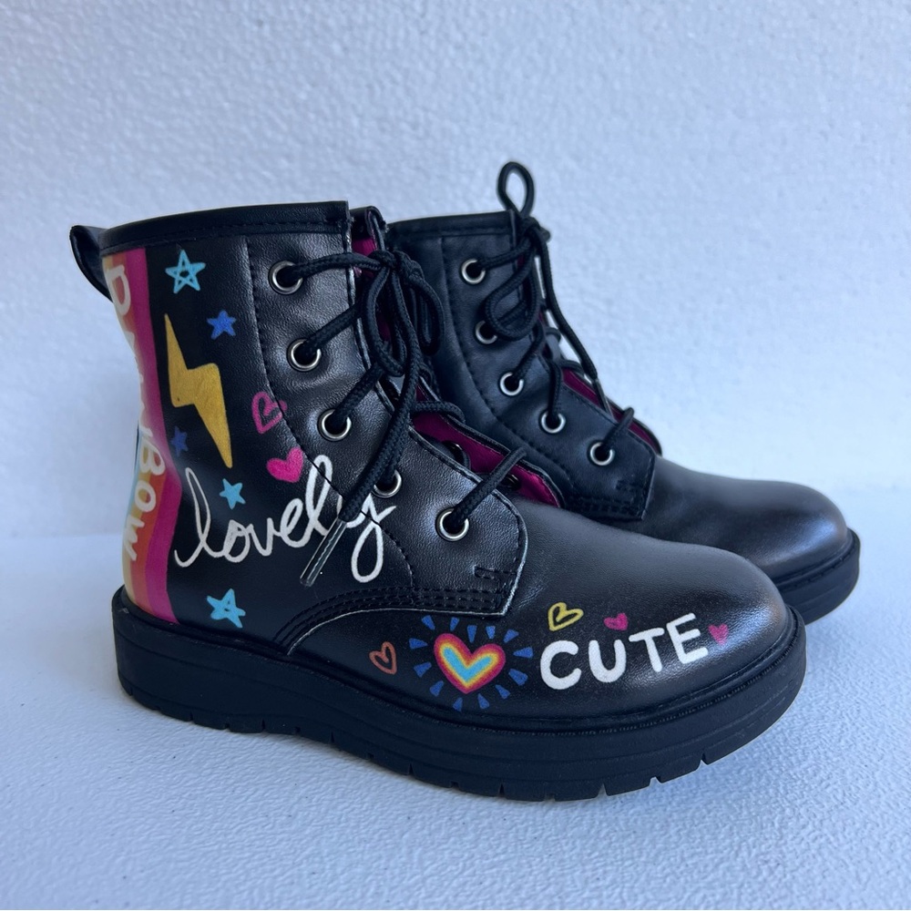 Skechers Girls Size 9 Gravlen Oodles Doodles Shoes Boots Black Side Zip Lace-Up